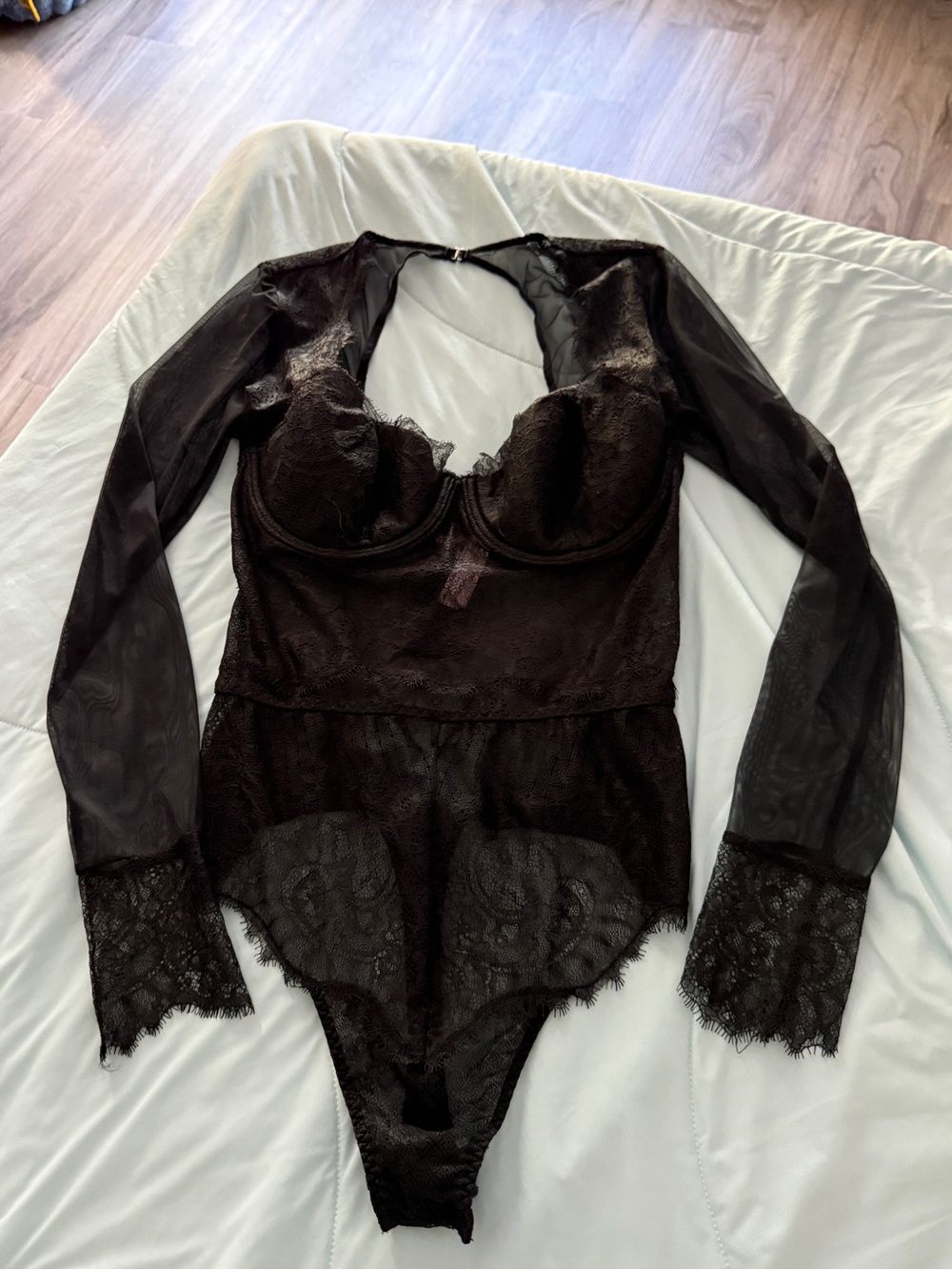 Victoria Secret Black Lingerie One Piece Long Sleeve Body Suit Lace 34c